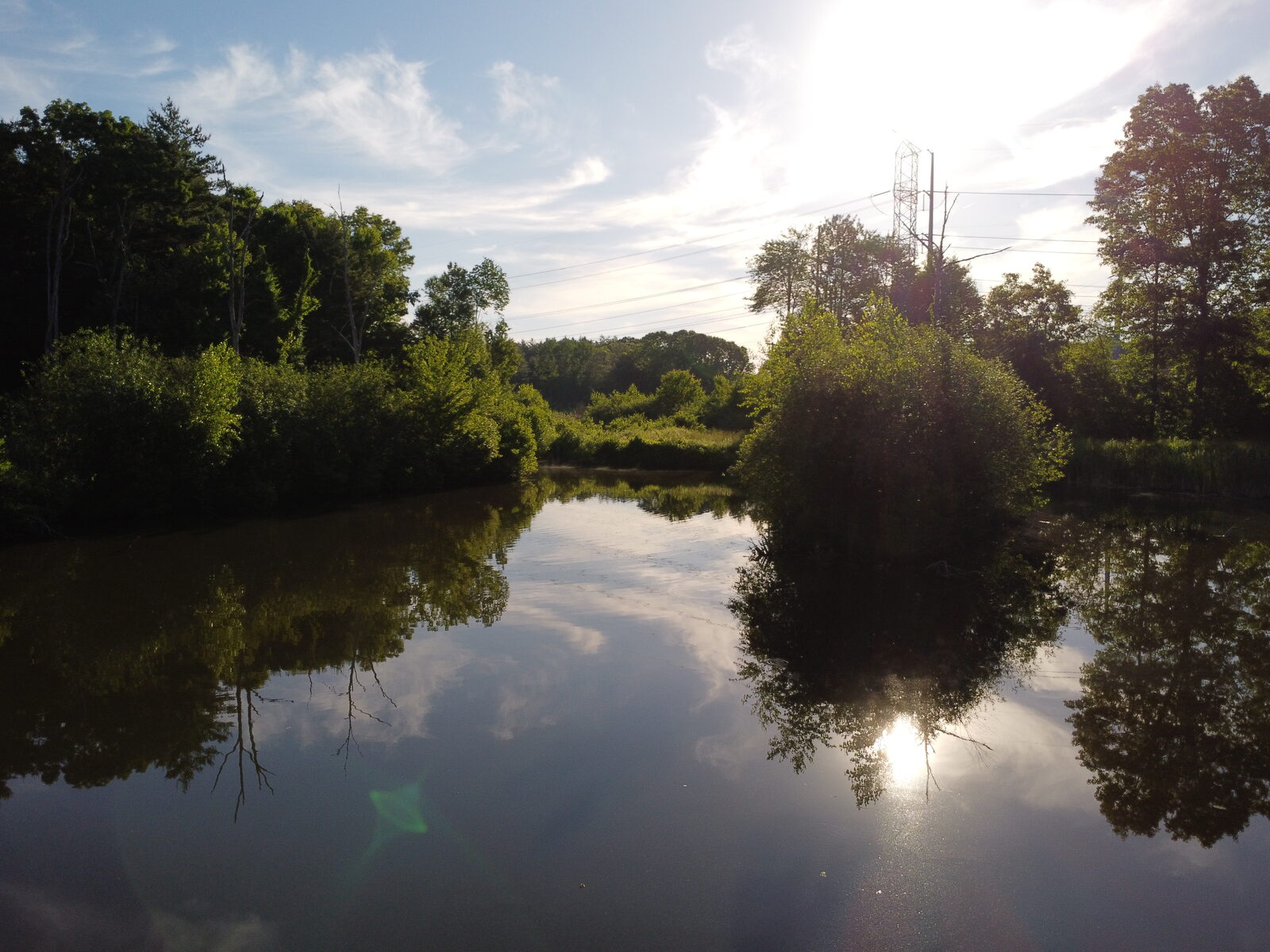 Evening light reflected across a quiet tree-lined pond